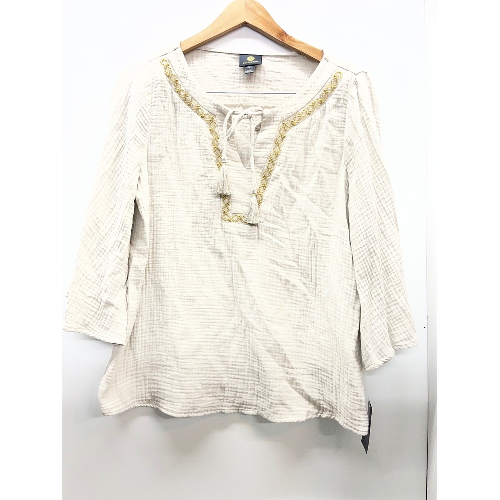 JM Collection Gauze‎ Peasant Top Gold Embroidered Tassel Blouse Off-White S NWT